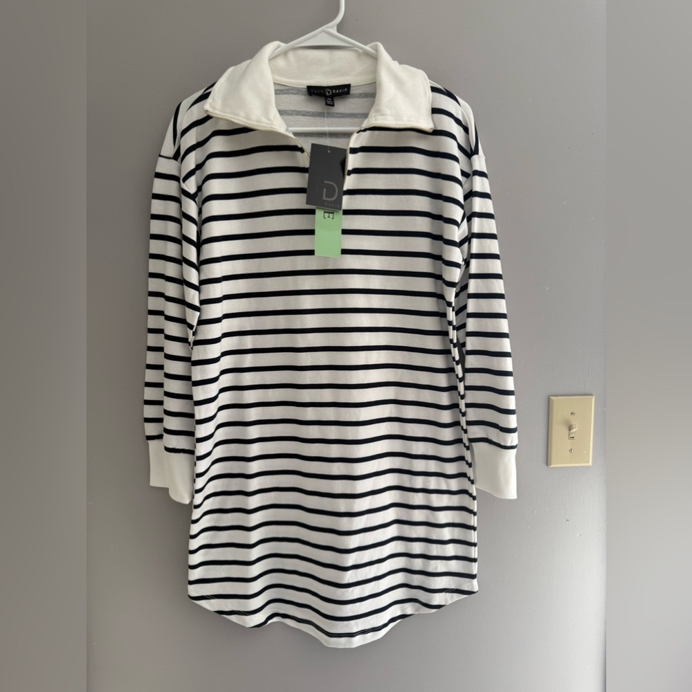 Fred David Womens Black White Striped Long Sleeve Knee Length Sweater Dress PS